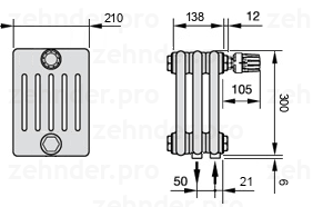 Схема (чертеж) Радиатор Zehnder Charleston 6030/3 №V002 Белый глянцевый RAL 9016